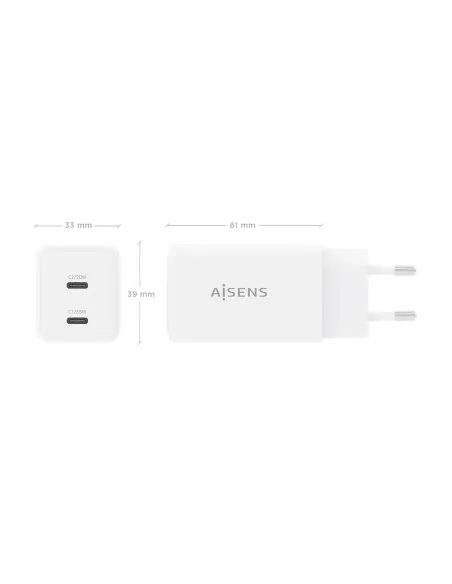AISENS Cargador GaN 65W, 2xUSB-C PD3.0 QC4.0, Blanco