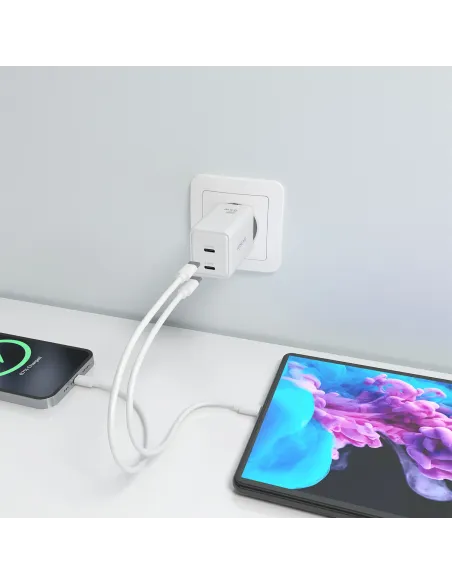 AISENS Cargador GaN 65W, 2xUSB-C PD3.0 QC4.0, Blanco