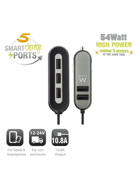 Ewent EW1355 cargador de dispositivo móvil Universal Negro, Gris Encendedor de cigarrillos Auto