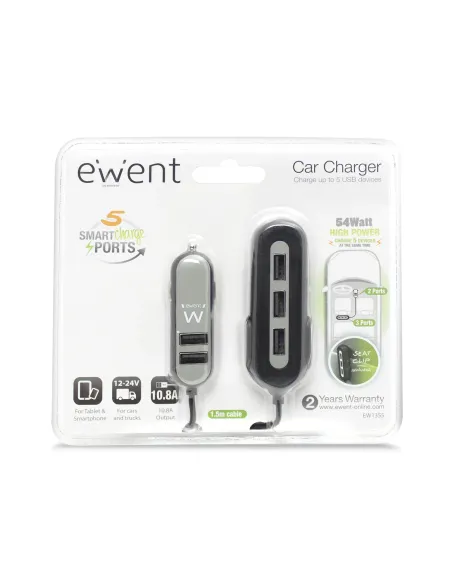 Ewent EW1355 cargador de dispositivo móvil Universal Negro, Gris Encendedor de cigarrillos Auto