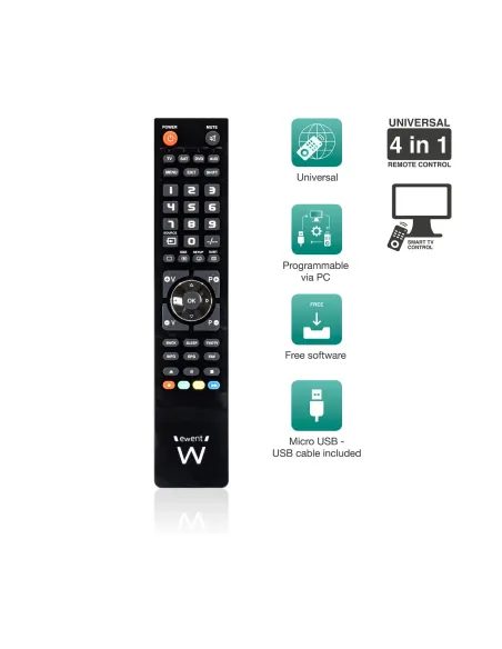 Ewent EW1570 mando a distancia DTT, DVD Blu-ray, Proyector, SAT, STB, Altavoz para barra de sonido, TV, Universal, VCR Botones