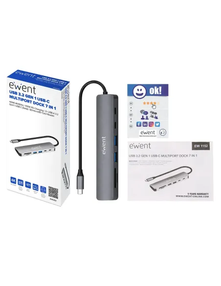 Ewent EW1152 base para portátil y replicador de puertos Alámbrico USB 3.2 Gen 1 (3.1 Gen 1) Type-C Gris