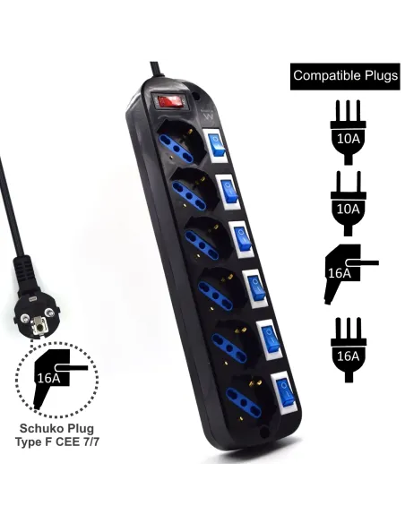 Ewent EW3851 limitador de tensión Negro 6 salidas AC 220 V 1,5 m