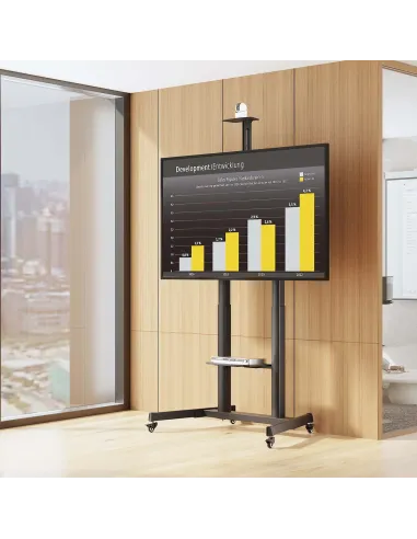 AISENS Soporte De Suelo Eco Con Ruedas Y Manivela, Bandeja Para DVD Y Soporte De Camara Para Monitor TV 120kg De 60"-100", Negro