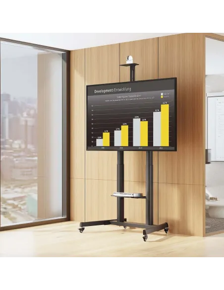 AISENS Soporte De Suelo Eco Con Ruedas Y Manivela, Bandeja Para DVD Y Soporte De Camara Para Monitor TV 120kg De 60"-100", Negro