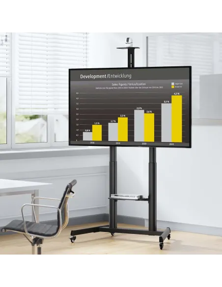 AISENS Soporte De Suelo Eco Con Ruedas Y Manivela, Bandeja Para DVD Y Soporte De Camara Para Monitor TV 120kg De 60"-100", Negro