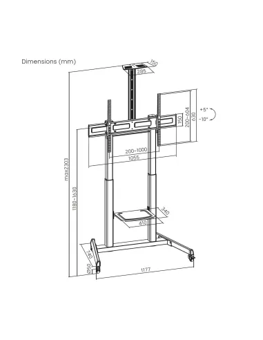 AISENS Soporte De Suelo Eco Con Ruedas Y Manivela, Bandeja Para DVD Y Soporte De Camara Para Monitor TV 120kg De 60"-100", Negro