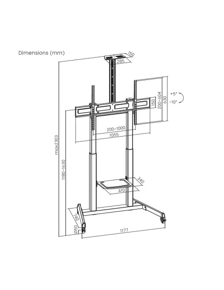 AISENS Soporte De Suelo Eco Con Ruedas Y Manivela, Bandeja Para DVD Y Soporte De Camara Para Monitor TV 120kg De 60"-100", Negro