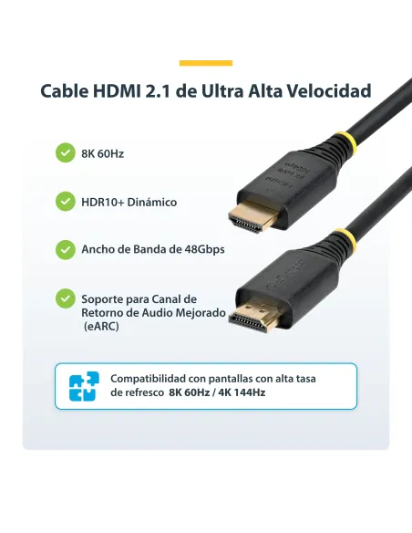 StarTech.com Cable HDMI de 1m Certificado de Ultra Alta Velocidad - 8K60Hz 4K120Hz - Cable HDMI 2.1 con HDR10+   eARC - 48Gbps