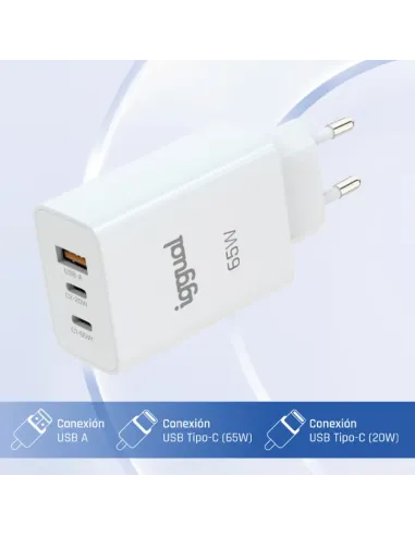 iggual Cargador triple USB-A + 2 x tipo C GaN 65W
