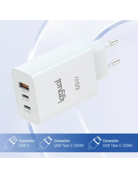 iggual Cargador triple USB-A + 2 x tipo C GaN 65W