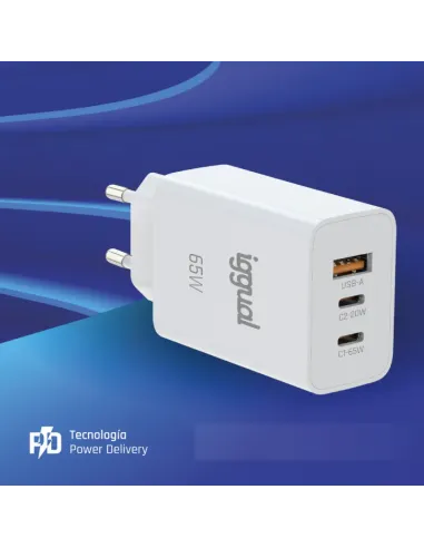 iggual Cargador triple USB-A + 2 x tipo C GaN 65W