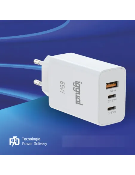iggual Cargador triple USB-A + 2 x tipo C GaN 65W