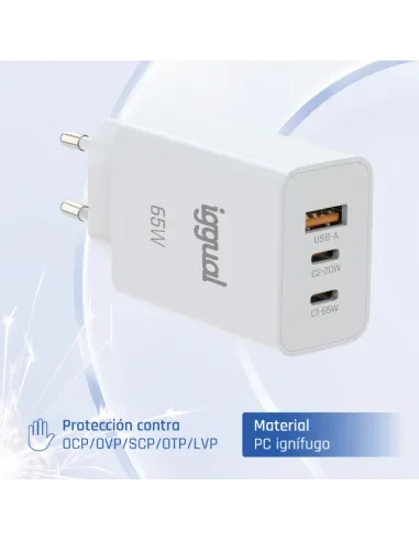 iggual Cargador triple USB-A + 2 x tipo C GaN 65W