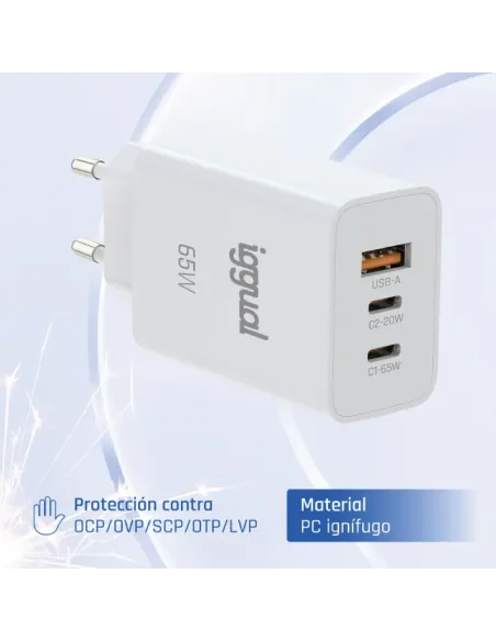 iggual Cargador triple USB-A + 2 x tipo C GaN 65W