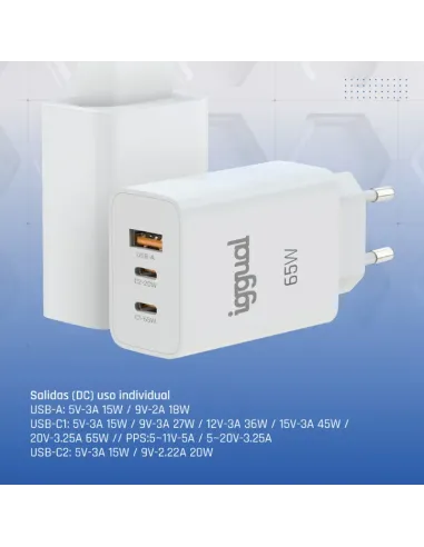 iggual Cargador triple USB-A + 2 x tipo C GaN 65W