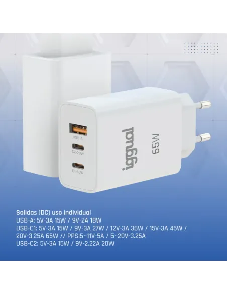 iggual Cargador triple USB-A + 2 x tipo C GaN 65W