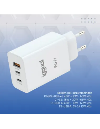 iggual Cargador triple USB-A + 2 x tipo C GaN 65W