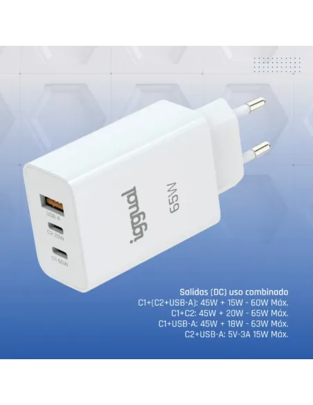 iggual Cargador triple USB-A + 2 x tipo C GaN 65W