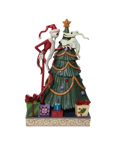 Figura enesco pesadilla antes de navidad santa jack y zero junto a arbol de navidad