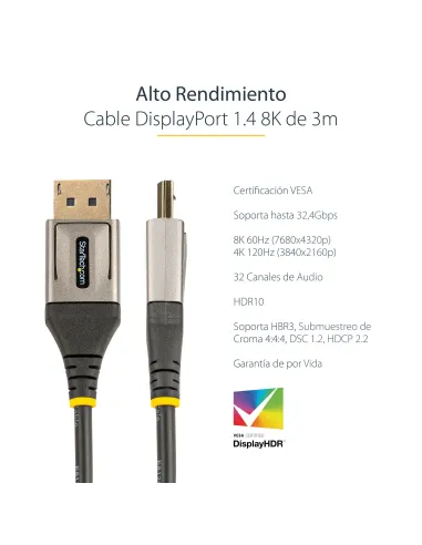 StarTech.com Cable de 3m DisplayPort 1.4 Certificado VESA - 8K de 60Hz HDR10 - Vídeo Ultra HD 4K de 120Hz - Cable DP 1.4 - para