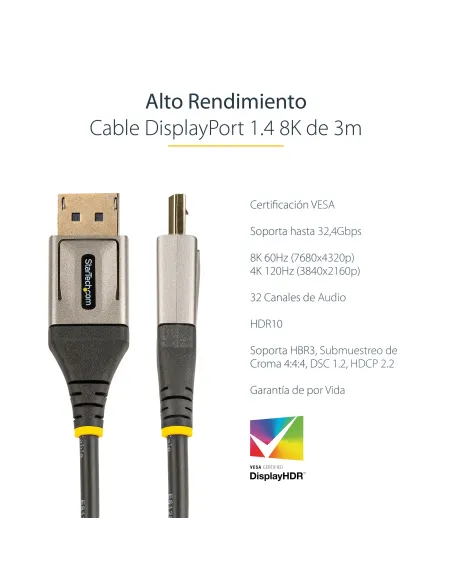 StarTech.com Cable de 3m DisplayPort 1.4 Certificado VESA - 8K de 60Hz HDR10 - Vídeo Ultra HD 4K de 120Hz - Cable DP 1.4 - para