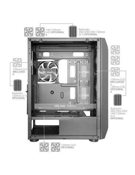 Mars Gaming MC-PRO2, Torre Profesional E-ATX, Sistema CPU Freezer, 5 Ventiladores Ultra-silenciosos y Frontal Metal-Mesh, Color