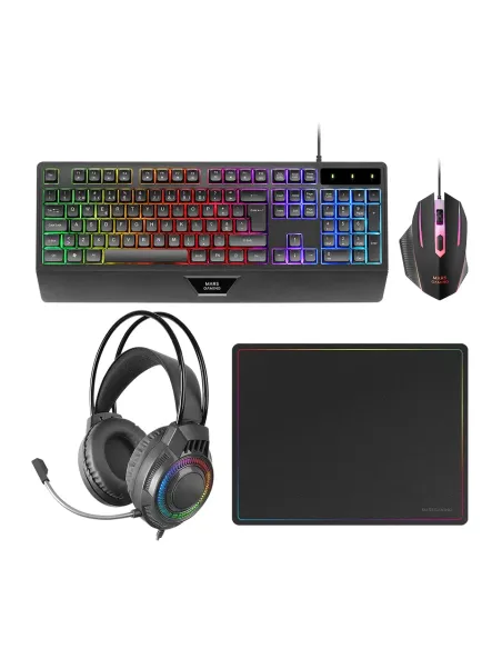Mars Gaming MCP124PRO, Combo Gaming 4en1, Teclado RGB H-Mech con Reposamuñecas, Ratón RGB 3200DPI y Switches HUANO, Auriculares
