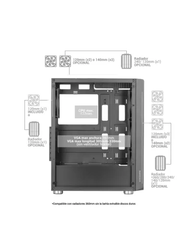 Mars Gaming MC-F, Semitorre Gaming ATX, Ventana Completa Cristal Templado, Frontal Metal-Mesh, 4X Ventiladores ARGB 120mm, Negro
