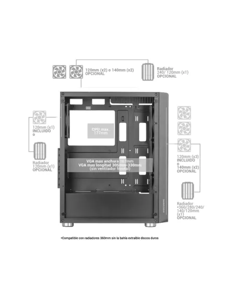 Mars Gaming MC-F, Semitorre Gaming ATX, Ventana Completa Cristal Templado, Frontal Metal-Mesh, 4X Ventiladores ARGB 120mm, Negro