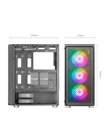 Mars Gaming MC-F, Semitorre Gaming ATX, Ventana Completa Cristal Templado, Frontal Metal-Mesh, 4X Ventiladores ARGB 120mm, Negro