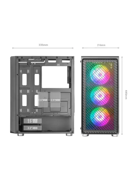 Mars Gaming MC-F, Semitorre Gaming ATX, Ventana Completa Cristal Templado, Frontal Metal-Mesh, 4X Ventiladores ARGB 120mm, Negro