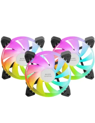 Mars Gaming MF-3A, Kit 3x Ventiladores FDB Ultrasilenciosos 120mm, Iluminación ARGB Rainbow 360º Sin Marco, Ventialdores 3en1