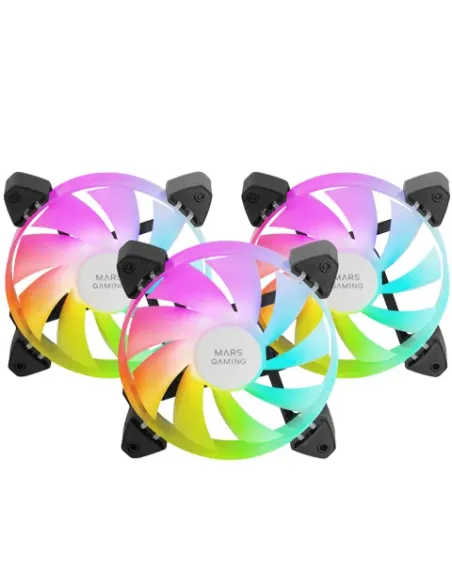 Mars Gaming MF-3A, Kit 3x Ventiladores FDB Ultrasilenciosos 120mm, Iluminación ARGB Rainbow 360º Sin Marco, Ventialdores 3en1