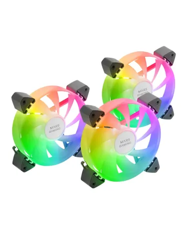 Mars Gaming MF-3A, Kit 3x Ventiladores FDB Ultrasilenciosos 120mm, Iluminación ARGB Rainbow 360º Sin Marco, Ventialdores 3en1