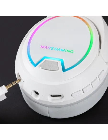 Mars Gaming MHW-100 Blanco, Auriculares Inalámbricos ARGB Flow, Micrófono ENC Extraíble,Cancelación de Ruido Activa ENC +