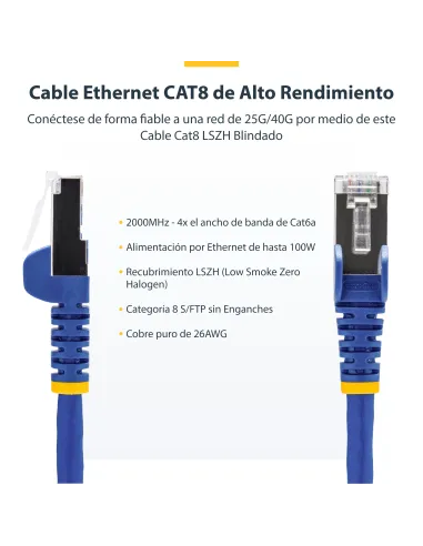 StarTech.com Cable de Red Ethernet CAT8 Azul 50cm - Snagless - sin Pestillo - 25G 40G - 2000MHz - PoE++ de 100W - 26AWG - S FTP