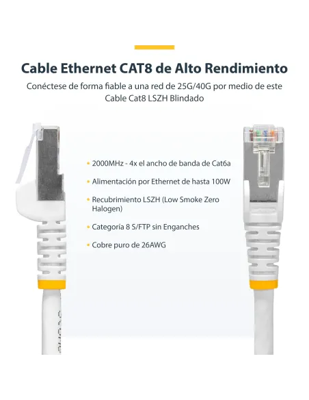 StarTech.com Cable de Red Ethernet CAT8 Blanco de 1m - Snagless - sin Pestillo - 25G 40G - 2000MHz - PoE++ 100W - 26AWG - S FTP