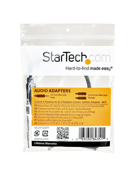 StarTech.com Adaptador de Auriculares con Micrófono Mini-Jack 3,5mm 4 pines a Conectores Separados de Auriculares y de