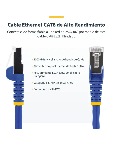 StarTech.com Cable de Red Ethernet CAT8 Azul de 1m - Snagless - sin Pestillo - 25G 40G - 2000MHz - PoE++ de 100W - 26AWG -