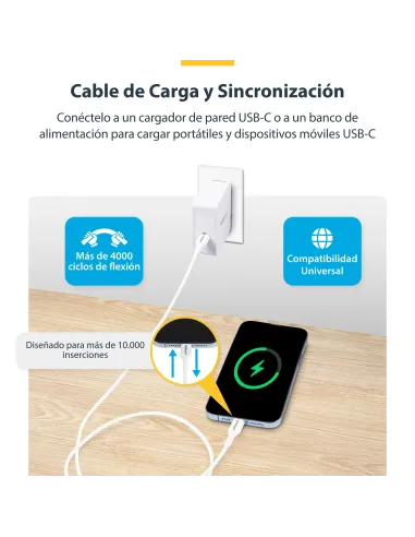 StarTech.com Cable de Carga USB-C Blanco de 1m - Cable UCB Tipo C de Carga para Ordenador Portátil - PD de 60W 3A - Cable de