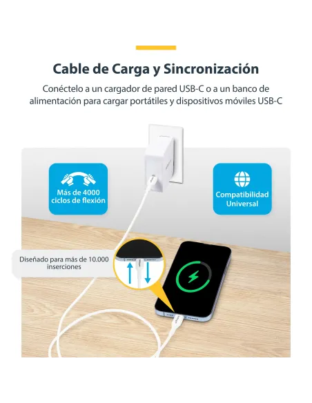 StarTech.com Cable de Carga USB-C Blanco de 1m - Cable UCB Tipo C de Carga para Ordenador Portátil - PD de 60W 3A - Cable de