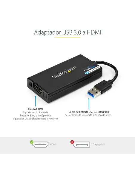 StarTech.com Adaptador Gráfico Externo USB 3.0 a HDMI - UltraHD 4K 30Hz - Certificado DisplayLink - Conversor USB-A a HDMI para