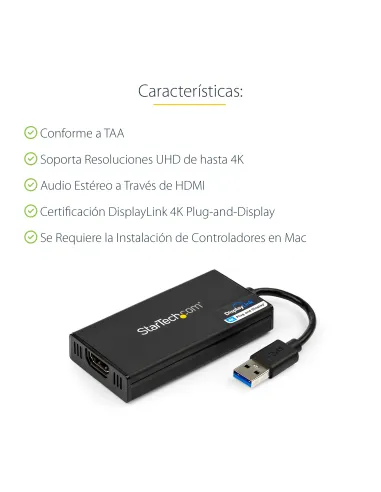 StarTech.com Adaptador Gráfico Externo USB 3.0 a HDMI - UltraHD 4K 30Hz - Certificado DisplayLink - Conversor USB-A a HDMI para