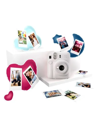 Kit camara fujifilm mini instax 12 color blanco arcilla + papel 10 fotos + 3 portara retratos