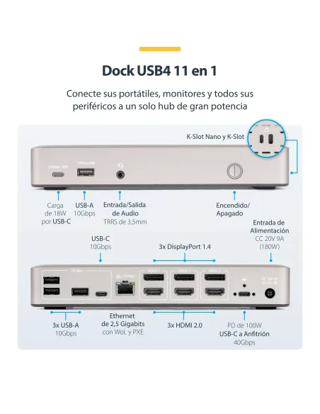 StarTech.com Docking Station USB4 para 3 Monitores 4K60 HDMI o DisplayPort - Dock USB Tipo C - Hub USB de 6 Puertos - Red