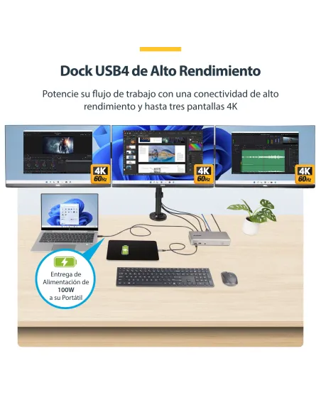StarTech.com Docking Station USB4 para 3 Monitores 4K60 HDMI o DisplayPort - Dock USB Tipo C - Hub USB de 6 Puertos - Red