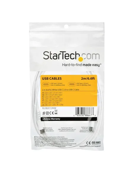 StarTech.com Cable de 2m de Carga USB C - de Carga Rápida y Sincronización USB 2.0 Tipo C a USB C para Portátiles -