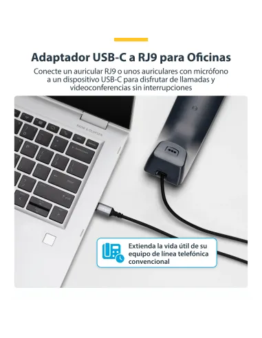 StarTech.com Adaptador USB-C a RJ9 para Auriculares con Micrófono - Adaptador USB Tipo C a RJ9 con Cable de 1,8m - Adaptador