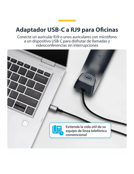 StarTech.com Adaptador USB-C a RJ9 para Auriculares con Micrófono - Adaptador USB Tipo C a RJ9 con Cable de 1,8m - Adaptador